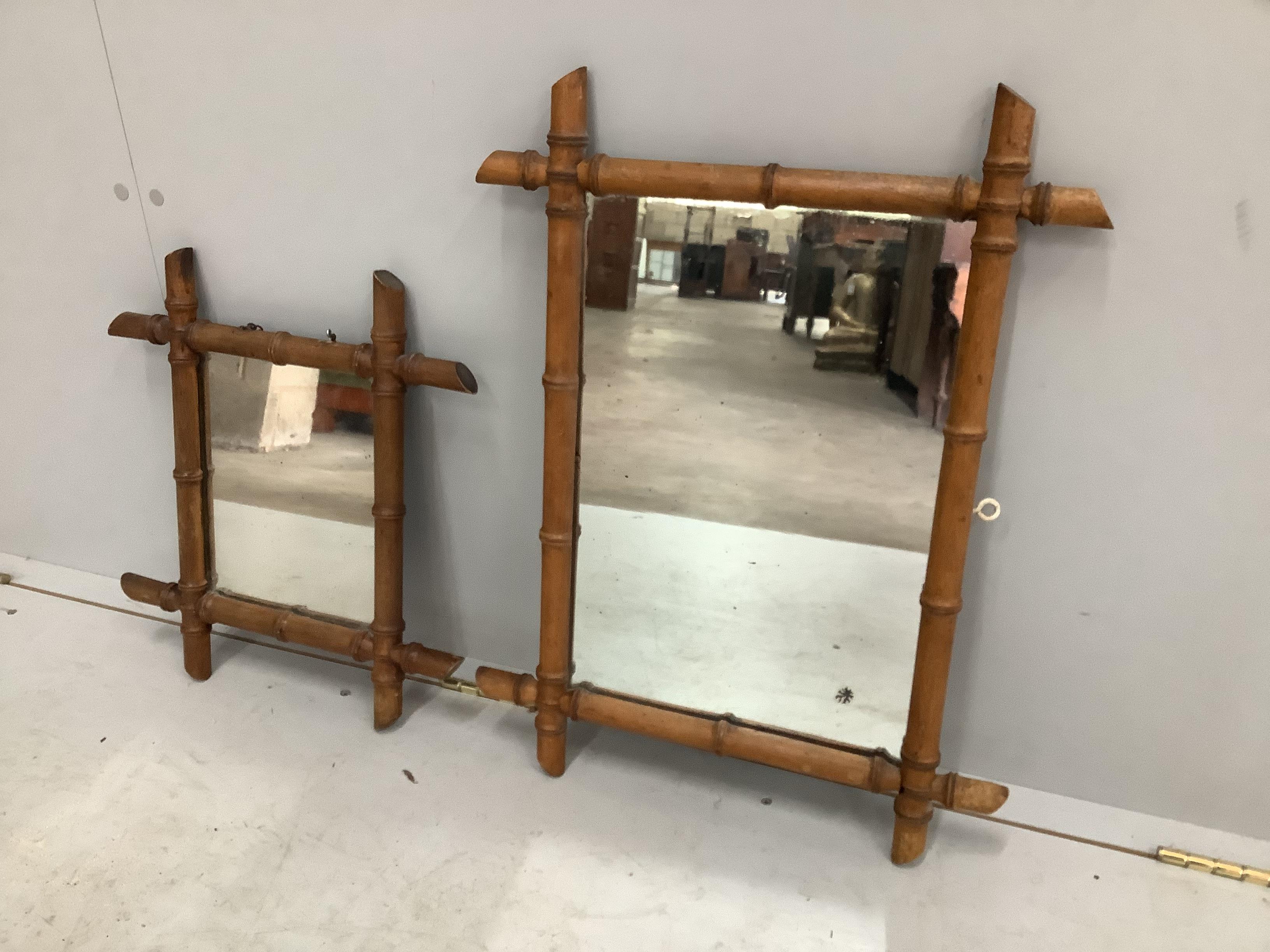 Two late 19th / early 20th century French rectangular simulated bamboo wall mirrors, larger width 62cm, height 46cm